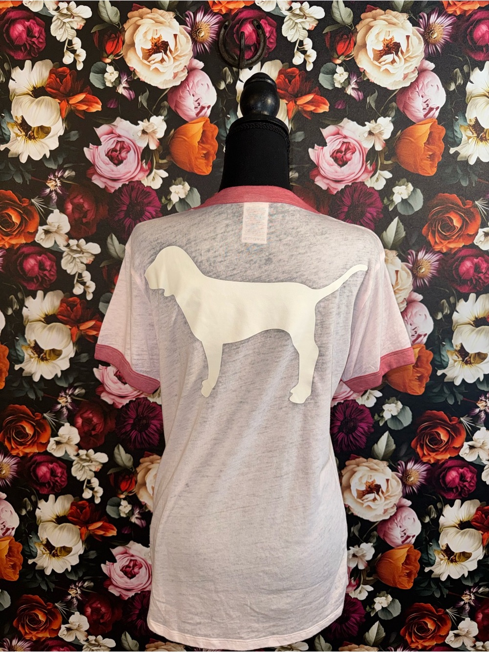 PINK Victoria's Secret Pink Ringer Tee w/ Hot Pink Trim & PINK Dog Logo, S